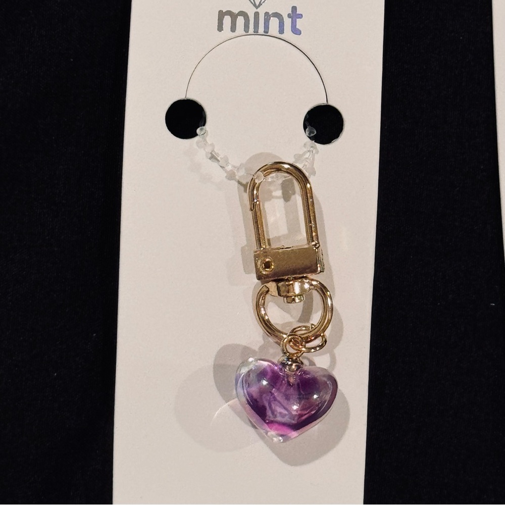 BAG CHARM Mint Gold and Iridescent Purple Heart Keychain Zipper Pull